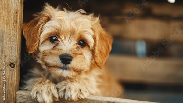 Fototapeta Adorable brown puppy with curly fur looks curiously from wooden structure