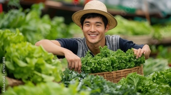 Obraz Smiling Farmer with Fresh Greens