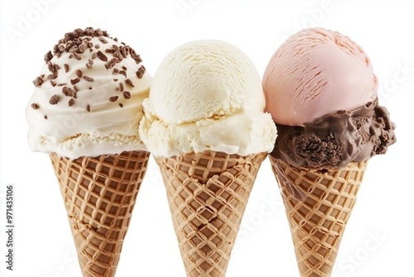 Fototapeta Ice cream cones with various flavors isolated on background
