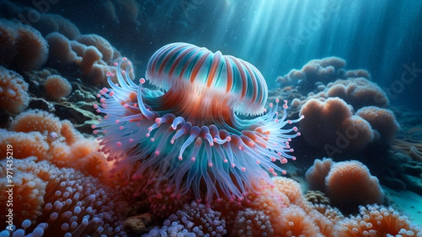 Fototapeta Stunning bioluminescent sea creature glowing in vibrant colors, set against a rich coral reef backdrop. Perfect for underwater fantasy themes and marine life visuals