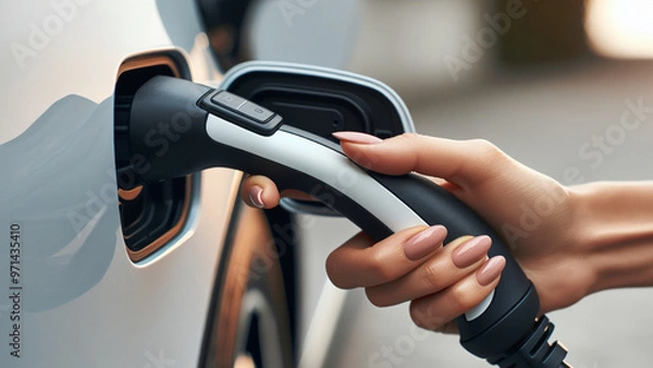 Fototapeta A close-up image of a woman's hand with manicured nails plugging a charger into an electric car. This high-quality stock photo captures the detail and modern technology of electric vehicle charging