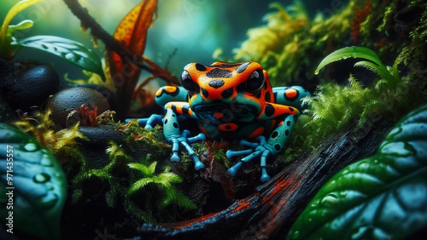 Fototapeta Striking image of a brightly colored poison dart frog in its lush, natural habitat, showcasing vivid blues and reds against a green background
