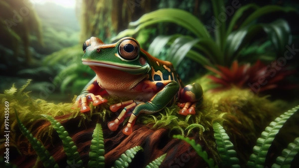 Fototapeta Stunning close-up of a colorful red-eyed tree frog, featuring its vivid skin patterns and large eyes, set against a lush, green rainforest backdrop