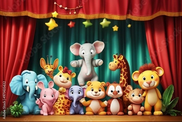 Fototapeta Background for a children's theater stage scene with a cute animal theme. Empty stage