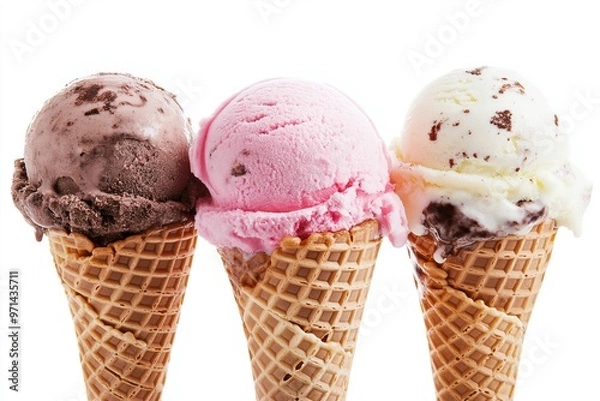 Fototapeta Ice cream cones with various flavors isolated on background