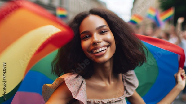 Fototapeta A joyful young woman celebrates at a Pride parade, surrounded by vibrant rainbow flags, embodying the spirit of inclusivity and happiness