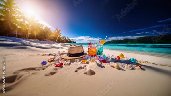Fototapeta Tropical beach vacation accessories. Enjoy a perfect day at the beach with refreshing cocktails, a stylish straw hat, and vibrant gems scattered on the sand.

