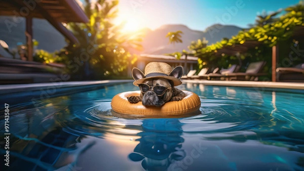 Fototapeta Chill Dog on Pool Float. Relaxed dog in sunglasses and hat lounging on a pool float in a sunny backyard.
