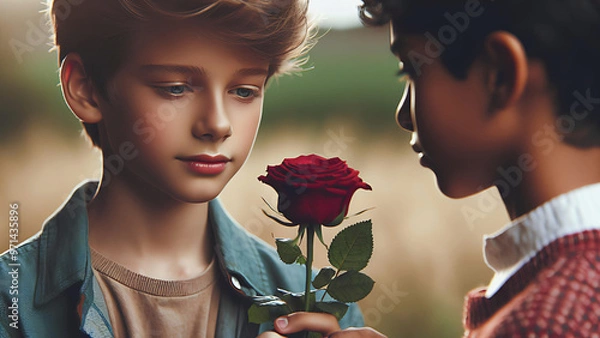 Fototapeta A Gift of Friendship: Two Boys with a Rose. A beautifully tender moment captured between two boys, one offering a red rose to the other. The focus on the rose symbolizes friendship and innocence