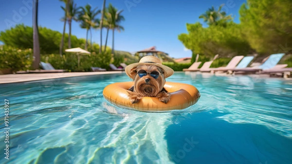 Fototapeta Chill Dog on Pool Float. Relaxed dog in sunglasses and hat lounging on a pool float in a sunny backyard.
