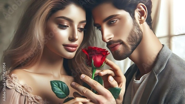Fototapeta A close-up of a couple tenderly holding and admiring a red rose. Their expressions are serene, filled with love and connection. The soft, warm lighting enhances the romantic atmosphere, focusing on th