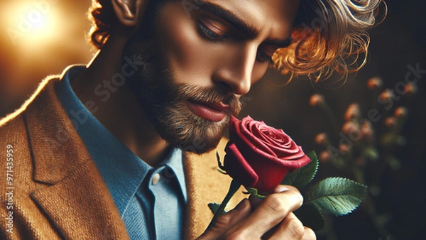 Fototapeta A thoughtful man holds a red rose, lost in contemplation. The golden light and soft focus emphasize the depth of the moment, symbolizing introspection, beauty, and emotion