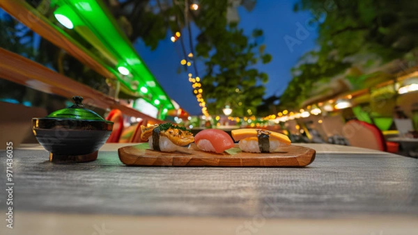 Fototapeta Vibrant Nighttime Sushi Platter Under Festival Lights. Close-up of a sushi selection on a dark plate, set against a bokeh background of sparkling lights and green canopy. Vibrant, appetizing image per