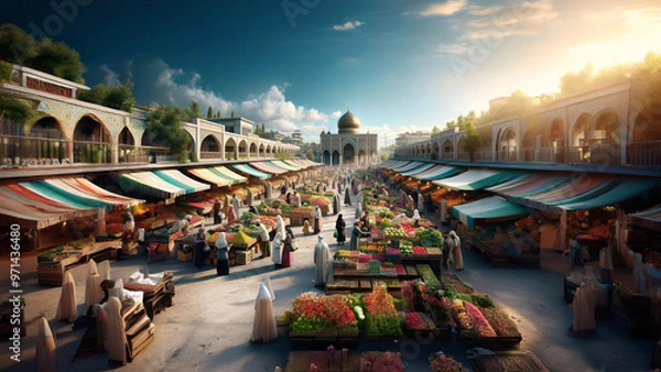 Fototapeta A bustling Middle Eastern bazaar with colorful stalls selling fresh produce, set against the backdrop of a historic mosque with intricate architecture. Captures vibrant market life and cultural richne
