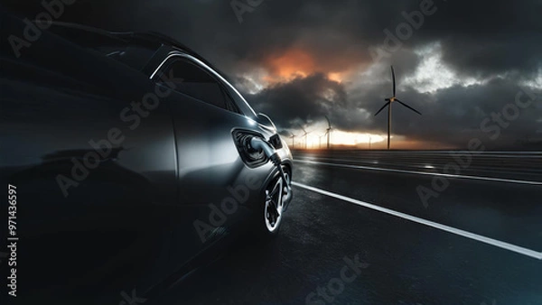 Fototapeta Electric vehicle charging with a backdrop of wind turbines at sunset, symbolizing clean energy and sustainability. A dramatic sky enhances the futuristic and eco-friendly theme of the image