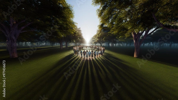 Fototapeta A diverse group of people standing in a circle, holding hands in a peaceful park at sunrise. This image captures unity, harmony, and community spirit, perfect for themes of togetherness and connection