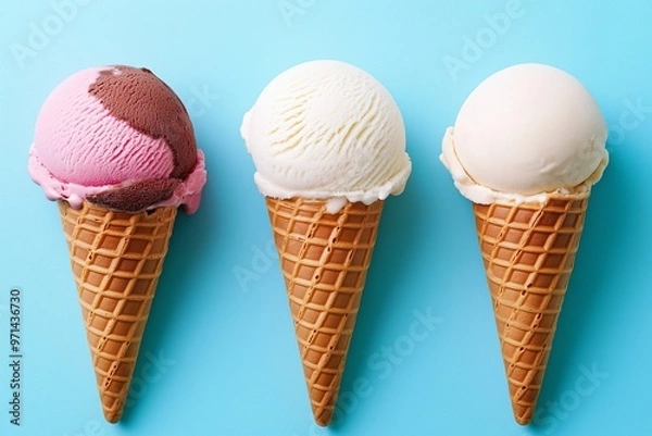 Fototapeta Three ice cream cones with vanilla, strawberry, and chocolate sprinkles