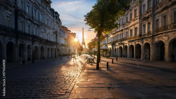 Fototapeta Experience the tranquil beauty of a Parisian morning with this stunning footage. Sunlight bathes empty cobblestone streets, leading to a breathtaking view of the Eiffel Tower.