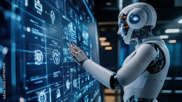 Fototapeta Robot cyborg doing presentation at high tech conference.