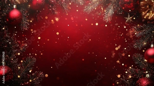 Fototapeta A close-up of red Christmas ornaments hanging from a pine branch with shimmering bokeh lights in a cozy, festive luxury background.