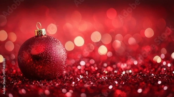 Fototapeta lose-up of red Christmas ornaments on a pine branch with glittery bokeh lights in a warm festive luxury background.