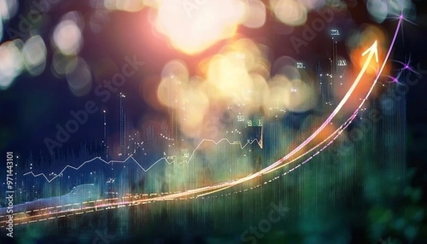 Fototapeta An illustration of a rising stock market trend line overlaid on a picture of a calm environment background.
