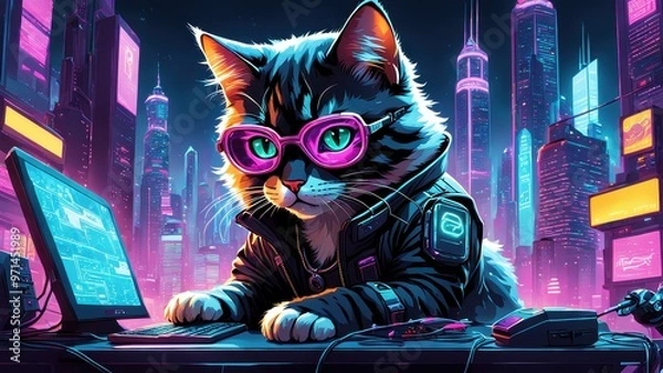 Fototapeta A cyberpunk cat wearing glasses works at a computer in a vibrant cityscape.