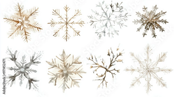 Fototapeta Delicate snowflakes in various shades of brown and gray create serene winter atmosphere, perfect for holiday designs and festive decorations