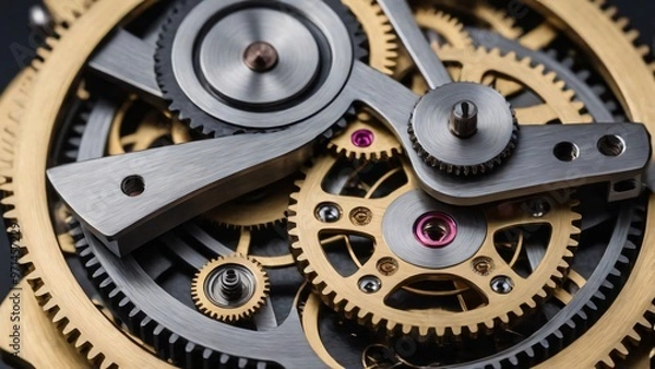 Fototapeta A close-up view of an intricate clockwork mechanism with gears and springs