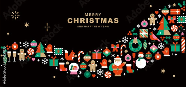 Obraz Horizontal banner with Christmas and New Year icons in abstract modern geometric flat style.Seasons greetings.Happy holidays.Winter template for card, invitation or advertising.Vector illustration.
