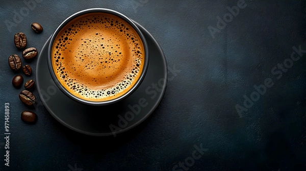 Fototapeta A close-up of a dark coffee cup with frothy espresso and coffee beans on a textured surface.