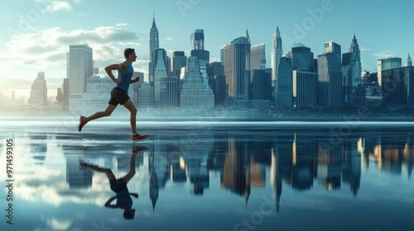 Fototapeta High-detailed photograph of a runner with a city skyline background, emphasizing motion and high-detail urban scenery