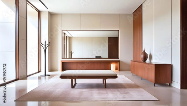 Fototapeta Modern luxury art gallery lobby area with natural light in big windows, wooden furniture, long seating and mirror