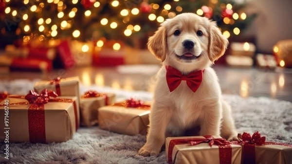 Fototapeta Small dog with a red bow sitting next to wrapped presents, twinkling lights on the tree in the background, capturing the excitement of the holiday season. Christmas, New Year