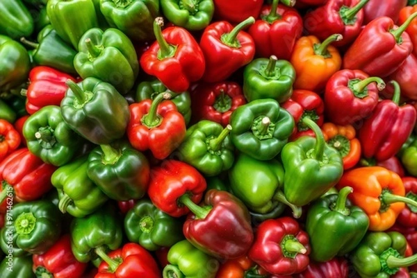 Obraz Fruits of Bulgarian sweet peppers are stacked on top of each other. Peppers are green and red. Concept of abundance and freshness.
