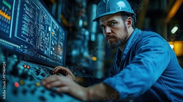 Fototapeta Modern Engineer Fine-Tuning SCADA System Console with Graphical Controls for Automation Monitoring - Room for Text Overlay