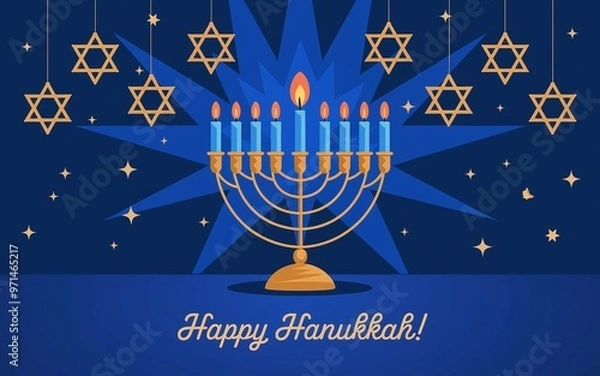 Obraz Vibrant Hanukkah Scene with Golden Menorah and Stars of David