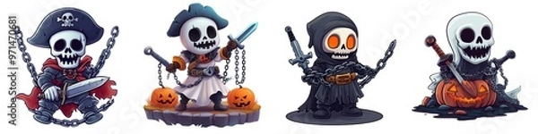 Fototapeta A fun collection of skeleton characters in pirate and Halloween themes, featuring vibrant designs and playful expressions.