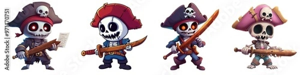 Fototapeta A vibrant collection of pirate skeletons, each with unique outfits and weapons, perfect for Halloween or themed graphics.