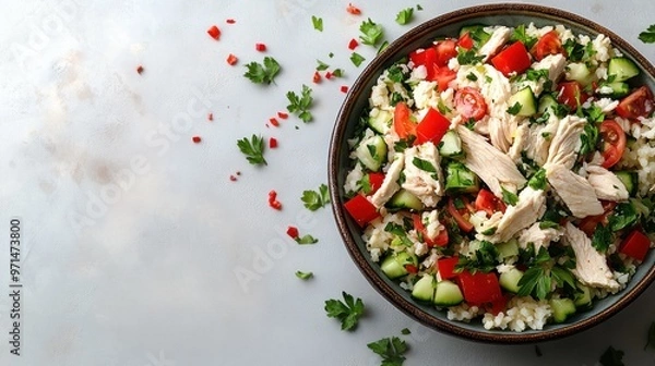 Fototapeta A vibrant salad brimming with chicken, cucumbers, tomatoes, and parsley awaits enjoyment