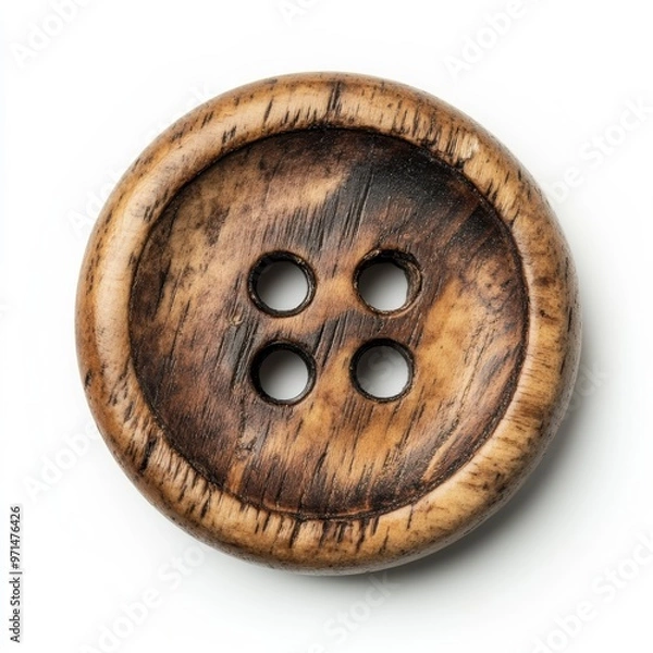 Obraz Close-up of a rustic wooden four-hole button with a natural grain pattern on a white background.