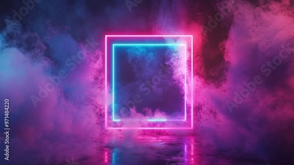 Fototapeta Neon Glow Frame with Smoke and Reflections