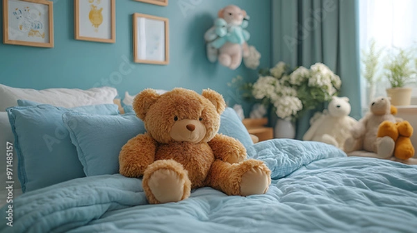 Obraz A plush teddy bear sits on a blue bedspread in a cozy nursery with blue walls and stuffed animals.