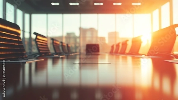 Fototapeta Modern conference room bathed in warm sunlight, featuring a sleek table and chairs, perfect for business meetings or presentations.