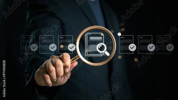 Fototapeta Businessman holding a magnifying glass, showing Audit Document concept,quality assessment management With a checklist, business document evaluation process, market data report analysis and consulting