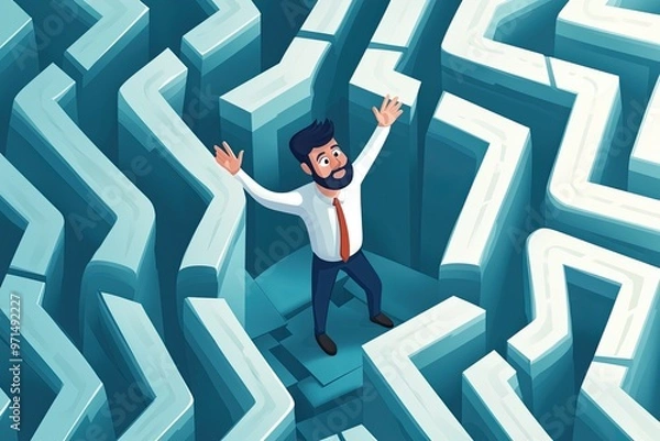 Fototapeta Salaryman caught in a debt maze, searching for way out, flat design illustration