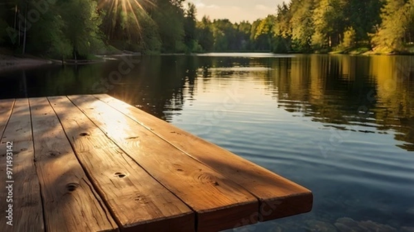 Obraz A wooden table top overlooking a serene lake, with the warm sunlight filtering through the trees and casting a golden glow on the surface.