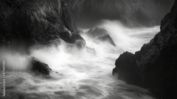 Fototapeta Black and White Coastal Image of Crashing Waves Between Rugged Cliffs