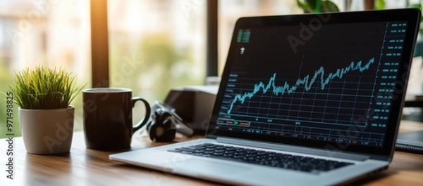 Fototapeta Laptop with stock market charts on the screen, placed in an office setting The laptop is sitting beside coffee mugs and other business equipment on top of a wooden table Generative AI