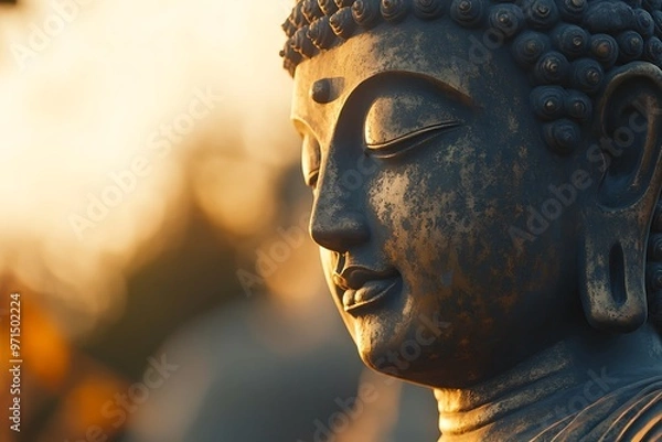 Obraz Close up of serene buddha statue enjoying sunset light